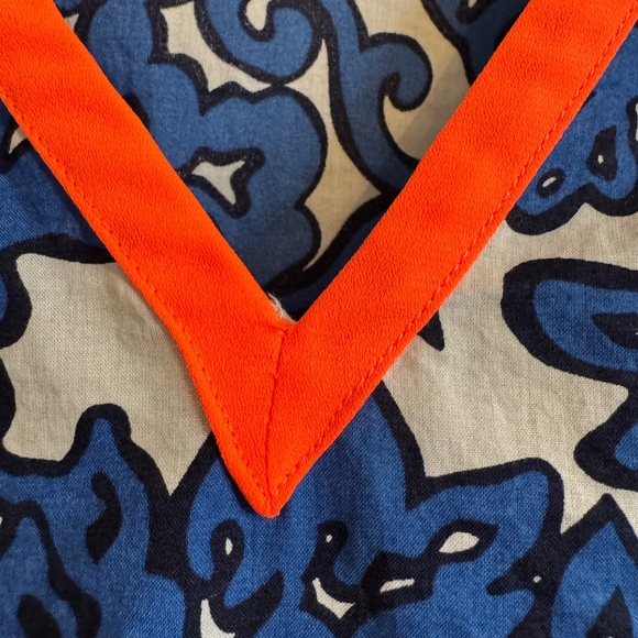 Blue Floral Tunic Orange Trim Light Weight 100% Cotton US Size 4 Beach Cover Up - Picture 9 of 15